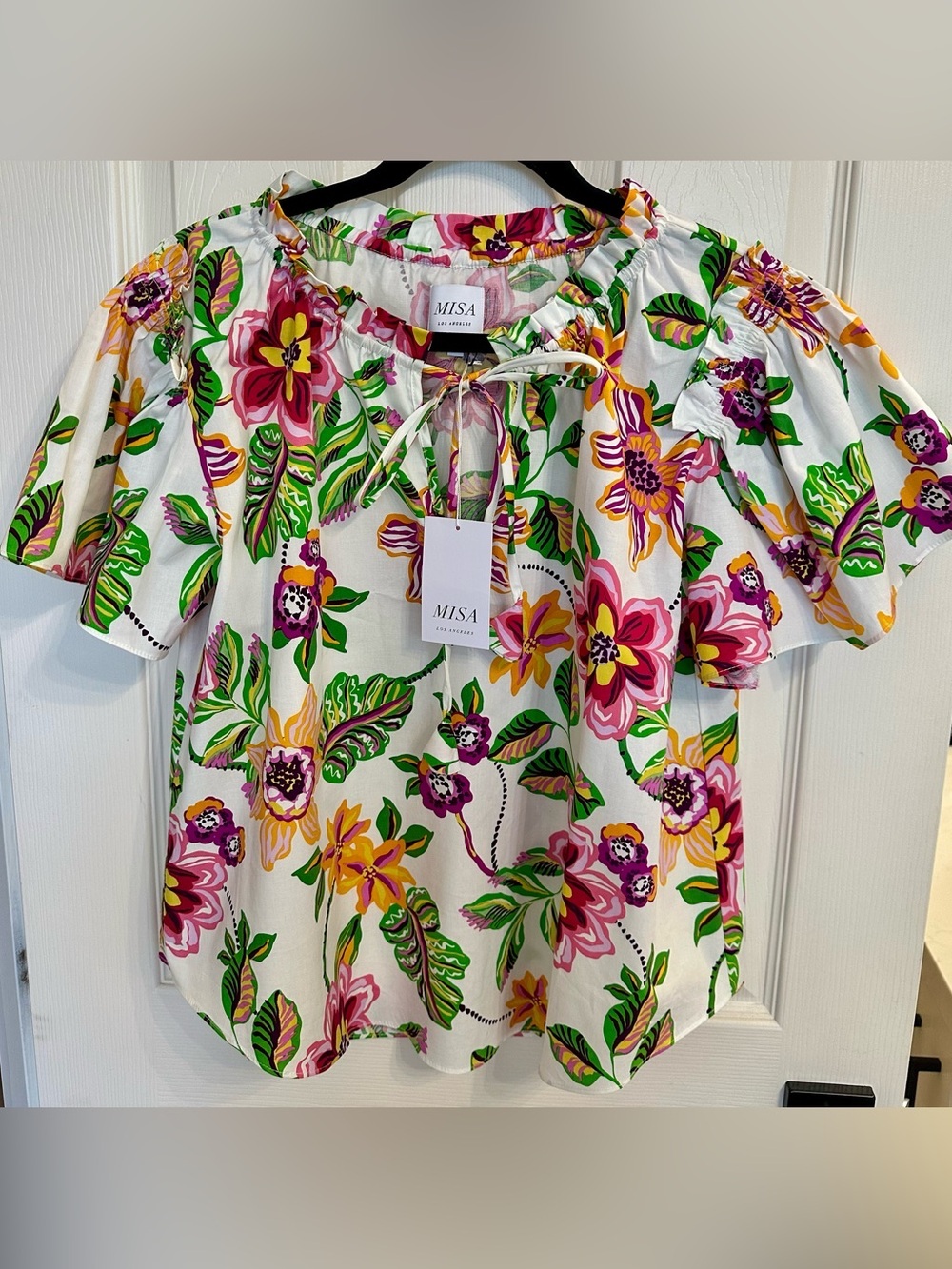 Misa Los Angeles White Floral Peasant Blouse with Pink, Yellow & Green Print